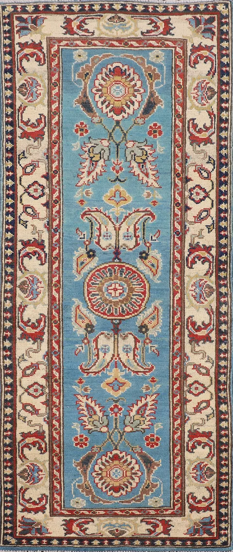 Light Blue Kazak Oriental Runner Rug 2x6