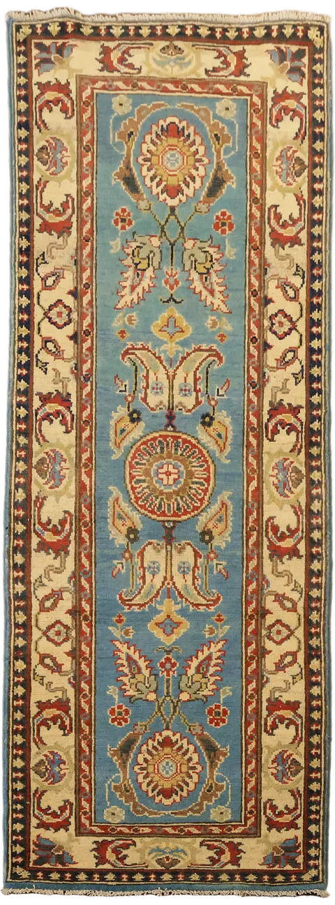 Light Blue Kazak Oriental Runner Rug 2x6