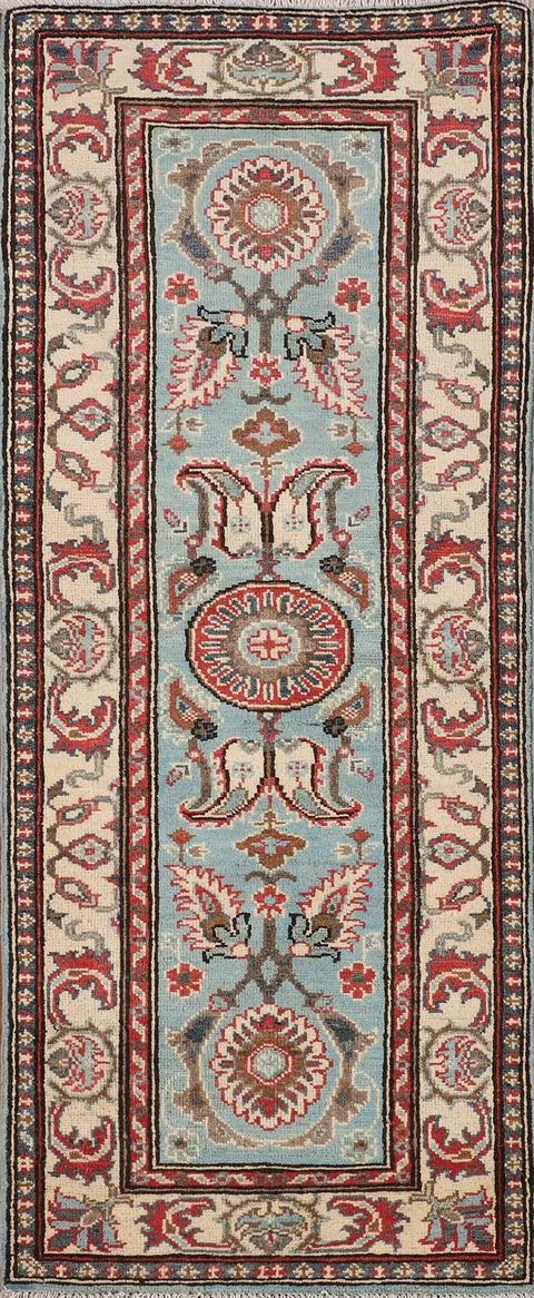 Light Blue Kazak Oriental Runner Rug 2x6