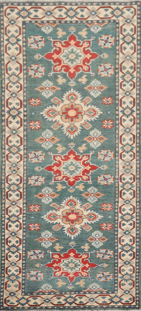 Geometric Green Kazak Oriental Runner Rug 2x6