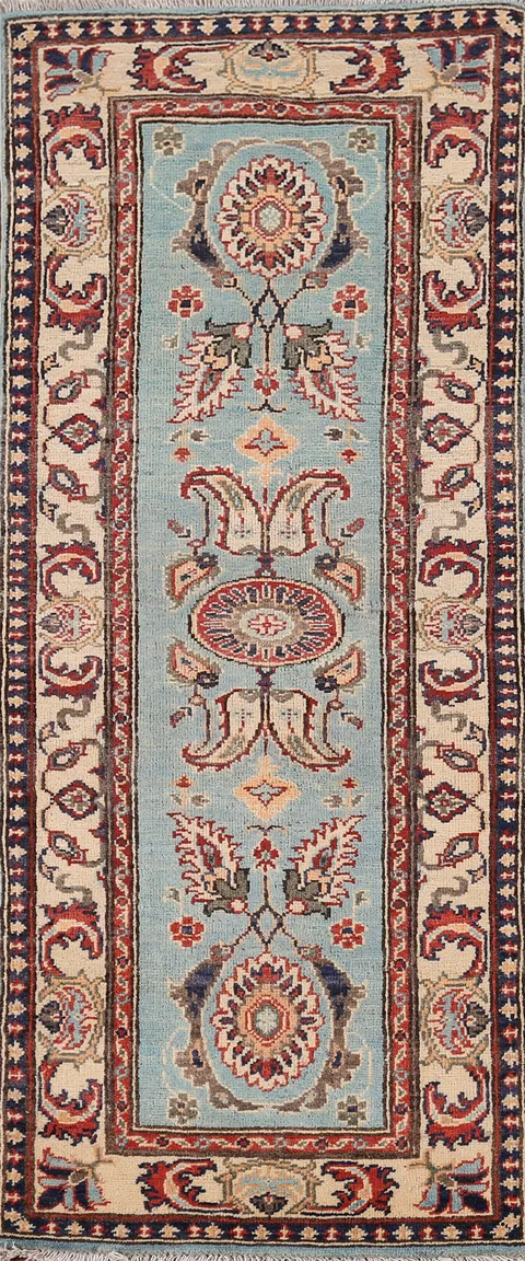 Light Blue Floral Kazak Oriental Runner Rug 2x6