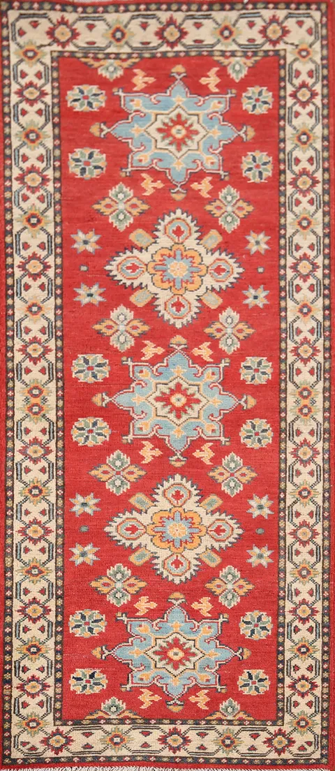 Geometric Red Kazak Oriental Runner Rug 2x6