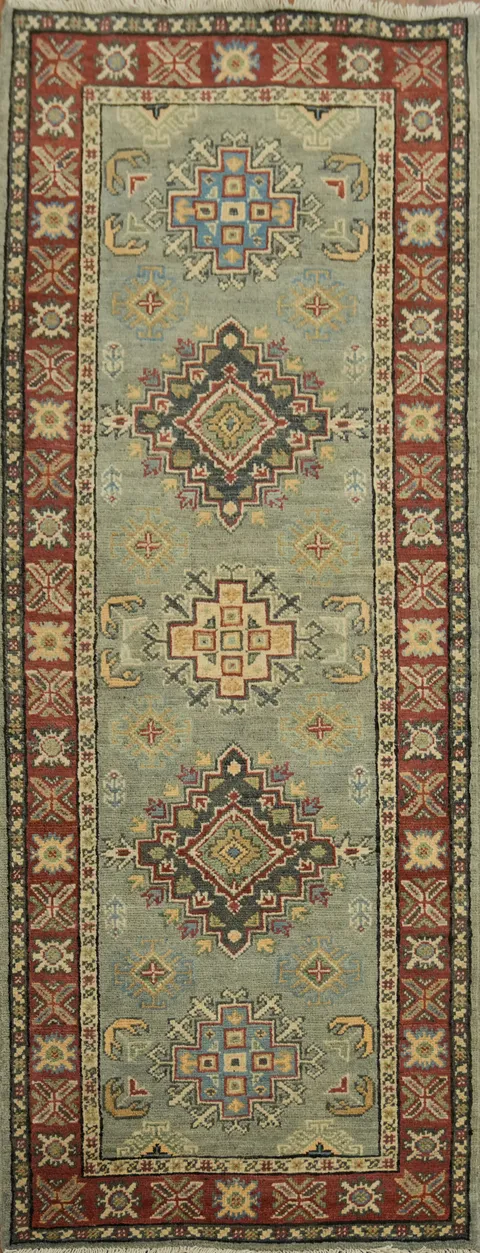 Vibrant Green and Red Border Kazak Runner Rug 2x6