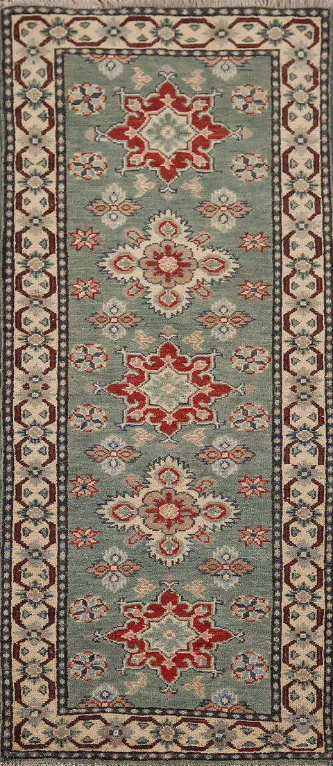 Green Geometric Kazak Oriental Runner Rug 2x6