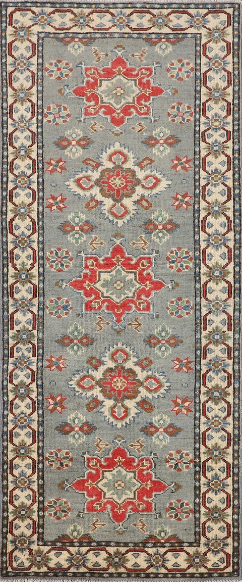 Gray Geometric Kazak Oriental Runner Rug 2x6