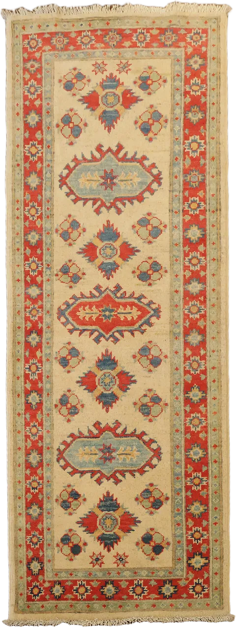 Classic Beige and Red Kazak Runner Rug with Traditional Patterns 2'x6'