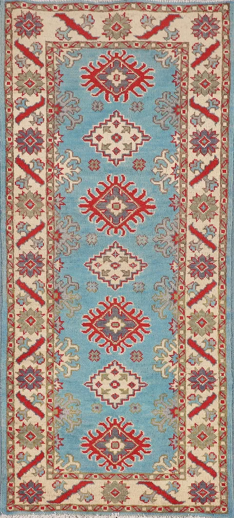 Light Blue Kazak Oriental Runner Rug 2x6