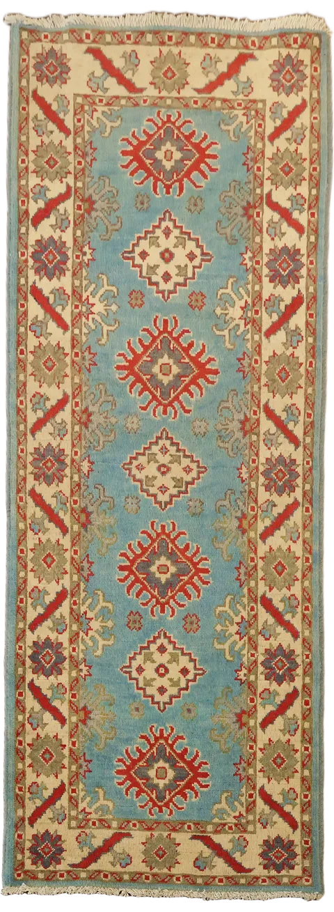 Light Blue Kazak Oriental Runner Rug 2x6