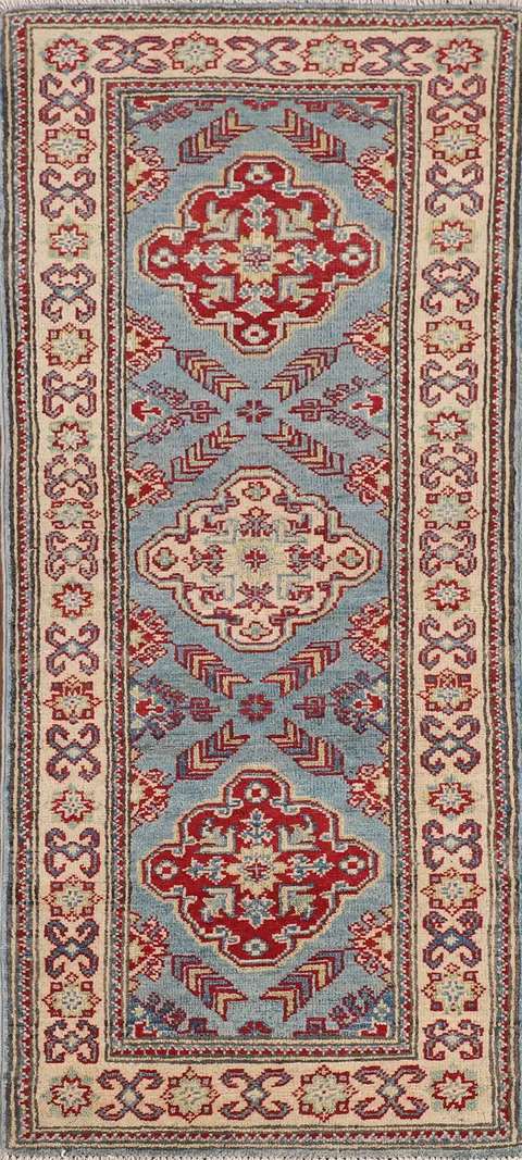 Light Blue Kazak Oriental Runner Rug 2x6