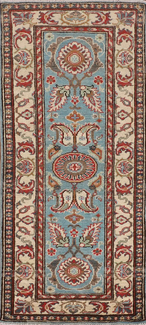 Light Blue Kazak Oriental Runner Rug 2x6