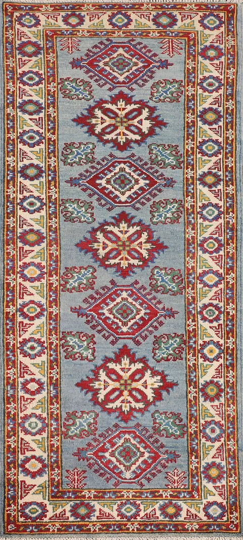 Blue Geometric Kazak Oriental Runner Rug 2x6