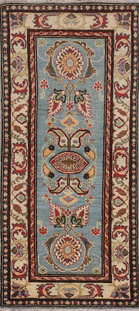 Light Blue Kazak Oriental Runner Rug 2x6