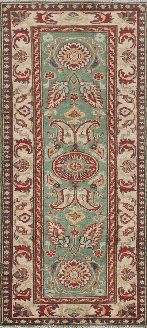Light Green Kazak Oriental Runner Rug 2x6