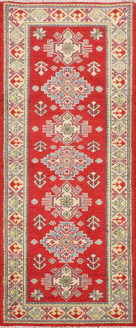 Red Geometric Kazak Oriental Runner Rug 2x6