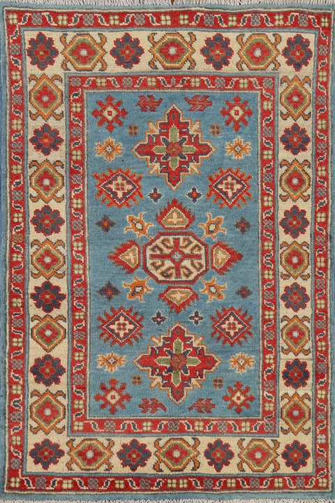 Light Blue Geometric Kazak Accent Rug 3x4