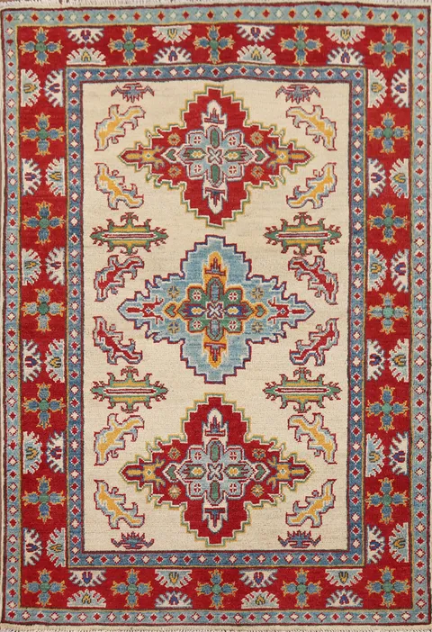Ivory Geometric Kazak Oriental Foyer Rug 4x5