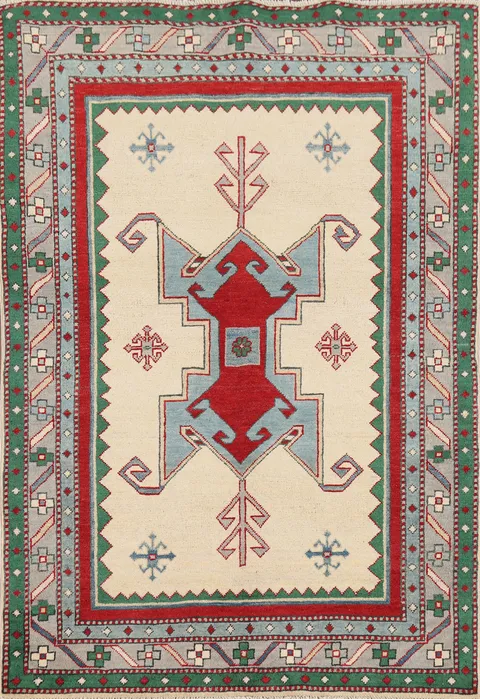 Ivory Handmade Kazak Oriental Accent Rug 4x6