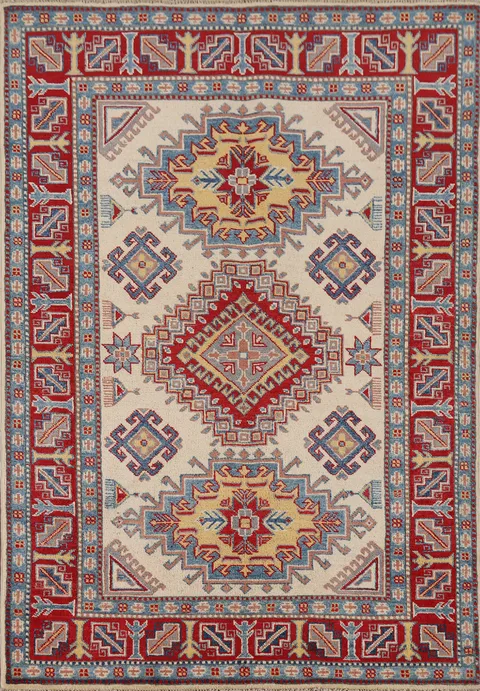 Ivory Wool Kazak Handmade Accent Rug 4x6