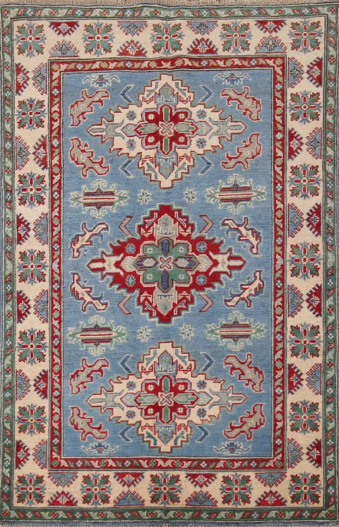 Blue Geometric Kazak Oriental Accent Rug 4x6