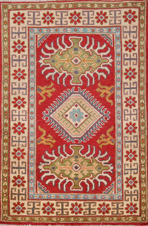 Red Geometric Kazak Oriental Accent Rug 3x4