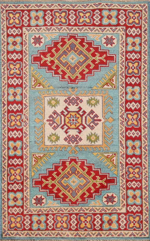 Geometric Blue Kazak Oriental Accent Rug 3x4
