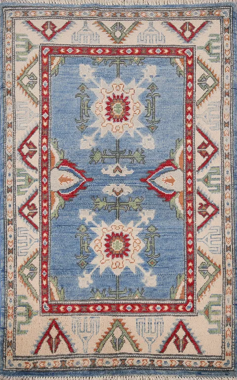 Light Blue Kazak Wool Foyer Rug 3x4