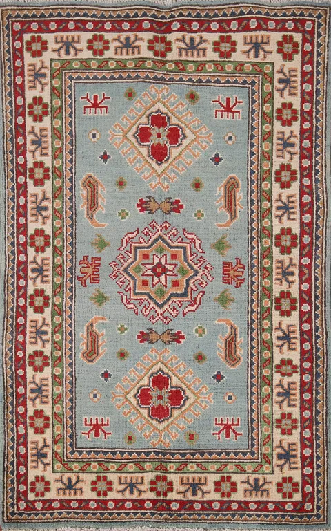 Light Blue Geometric Kazak Oriental Rug 3x4