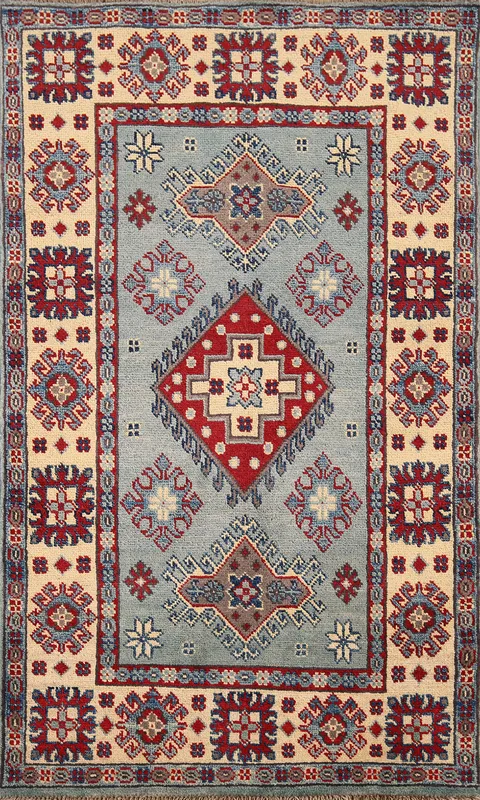 Light Blue Geometric Kazak Wool Foyer Rug 3x4