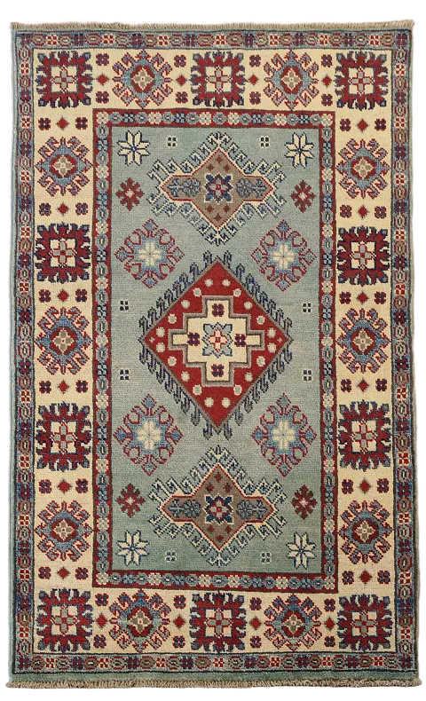 Light Blue Geometric Kazak Wool Foyer Rug 3x4