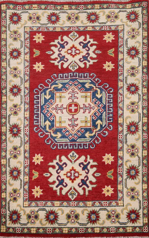 Red Geometric Kazak Handmade Wool Rug 3x4
