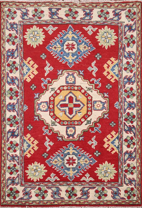 Red Geometric Kazak Pakistan Accent Rug 3x4