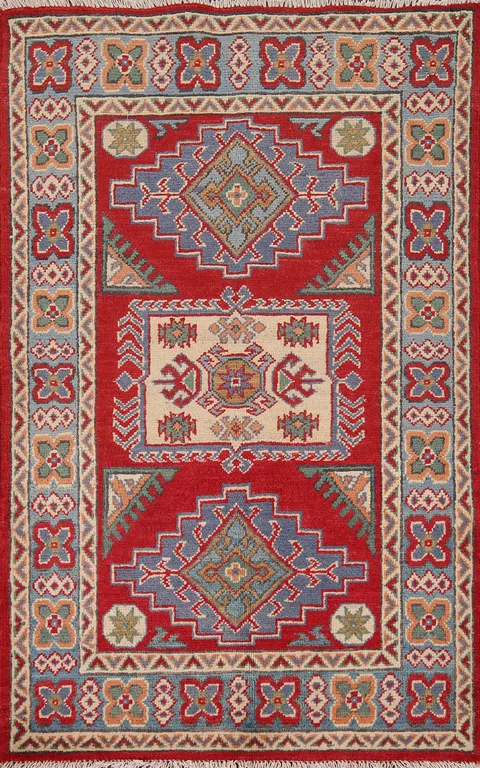 Geometric Red Kazak Oriental Accent Rug 3x4