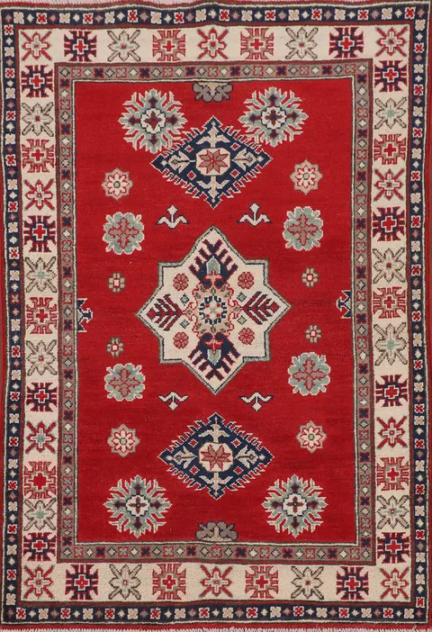 Red Geometric Kazak Handmade Accent Rug 3x5