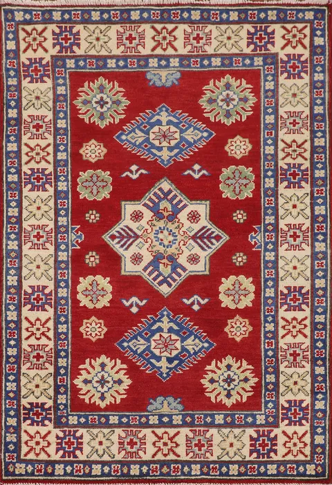 Red Geometric Kazak Oriental Accent Rug 3x5