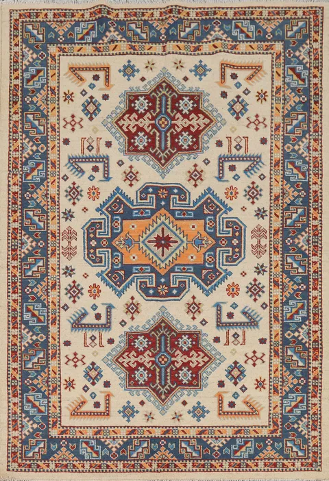 Geometric Ivory Kazak Accent Rug 4x6
