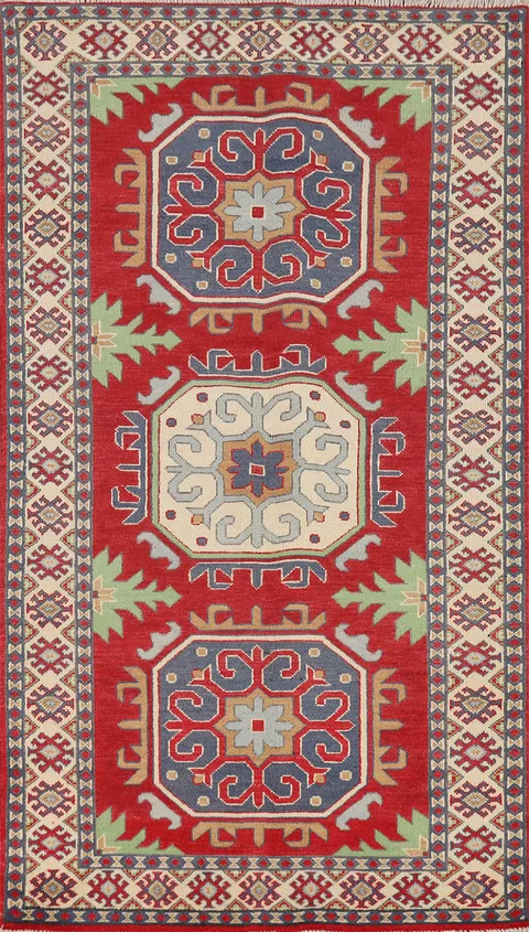 Geometric Red Kazak Oriental Runner Rug 3x7