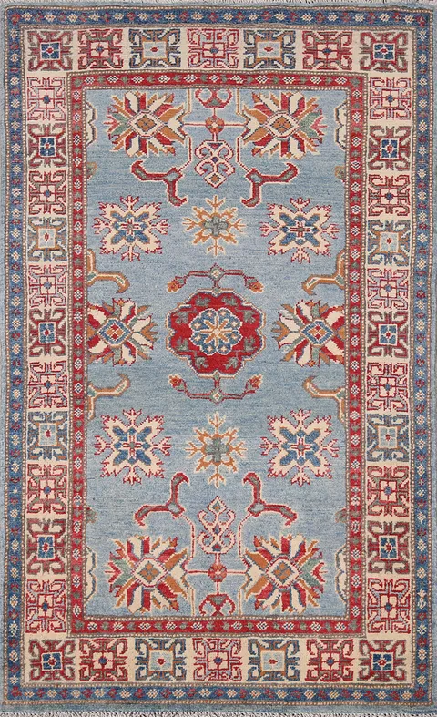 Light Blue Geometric Kazak Wool Accent Rug 3x5