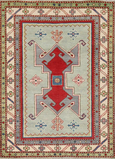 Handmade Green Kazak Wool Accent Rug 4x5