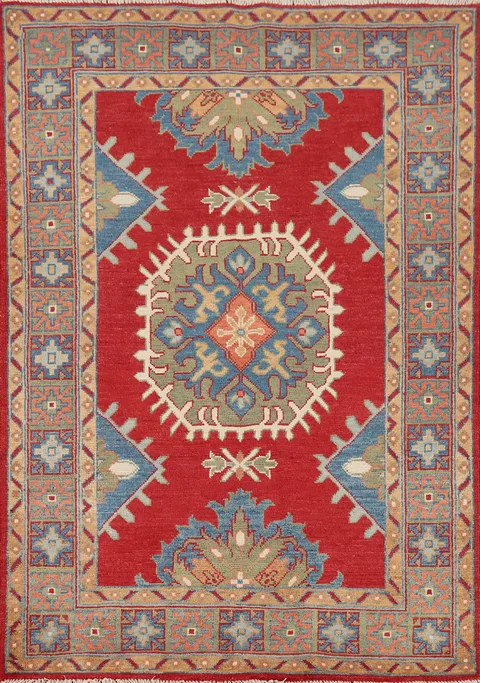 Red Geometric Kazak Oriental Accent Rug 3x5