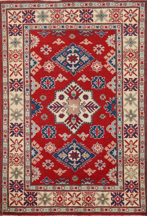 Geometric Red Kazak Handmade Wool Rug 3x5