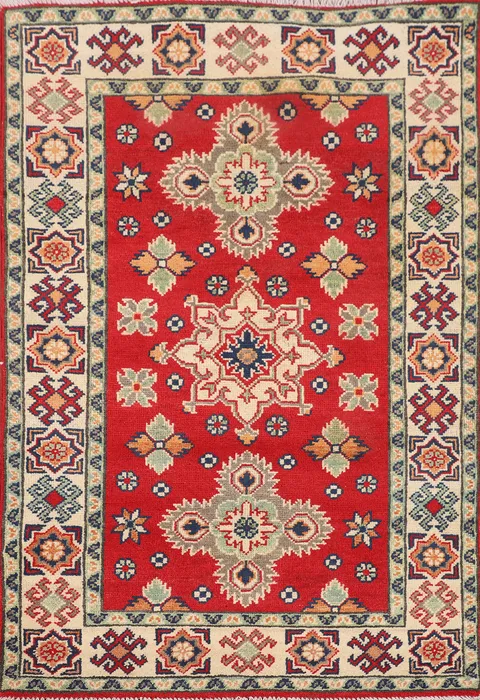 Geometric Red Kazak Oriental Wool Rug 3x4