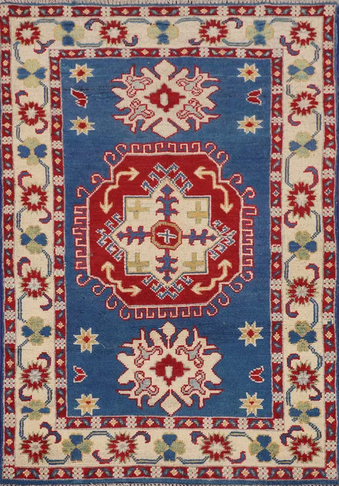 Blue Geometric Wool Kazak Foyer Rug 3x4