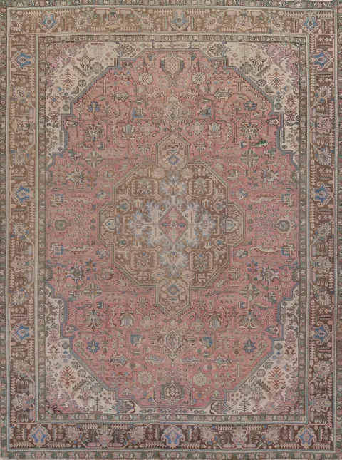 Distressed Pink Geometric Tabriz Persian Area Rug 10x13