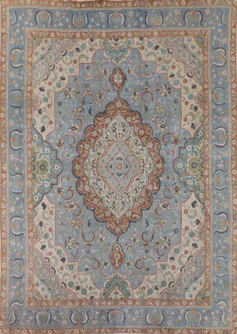 Light Blue Distressed Mashad Persian Area Rug 10x13