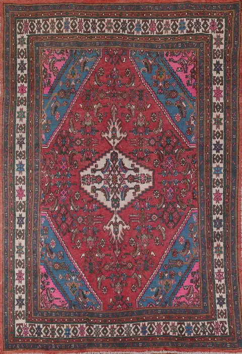 Pink & Turquoise Hamedan Persian Area Rug 7x10