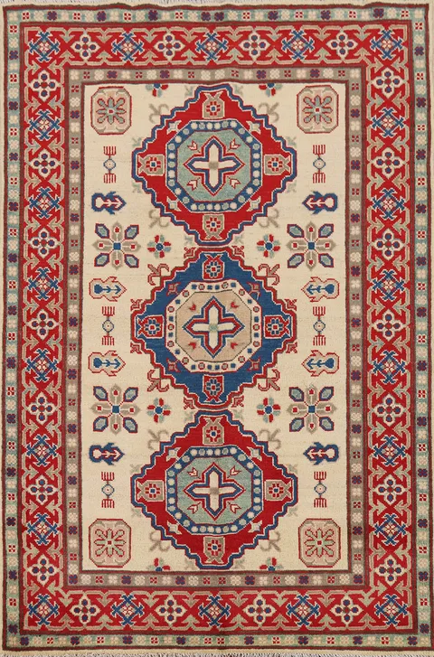 Ivory Geometric Kazak Handmade Wool Rug 4x6