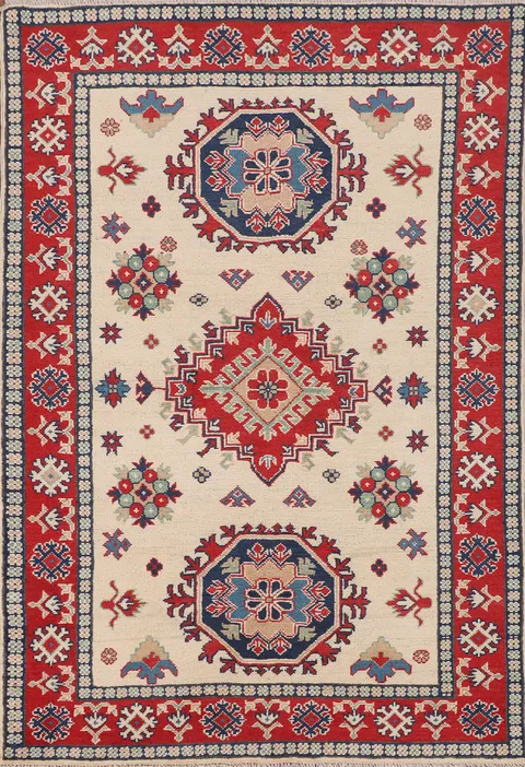 Geometric Ivory Kazak Accent Rug 4x6