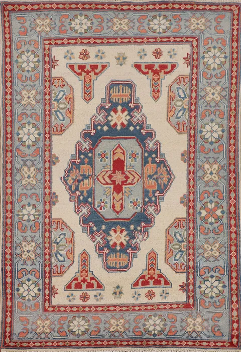 Ivory Wool Geometric Kazak Accent Rug 4x5