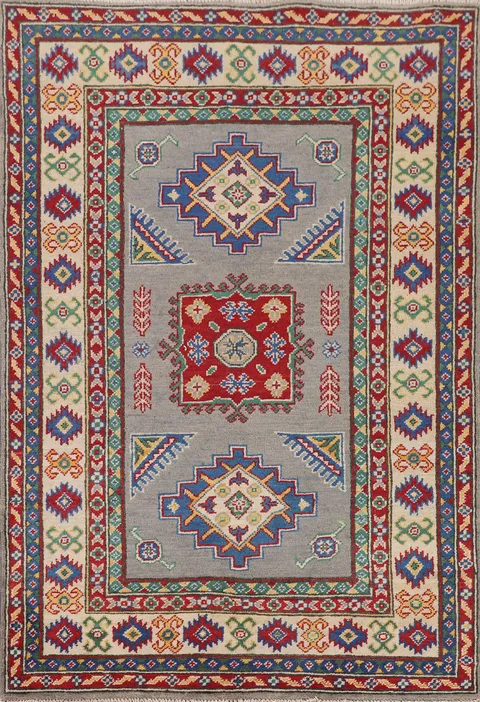 Gray Geometric Kazak Wool Accent Rug 3x5