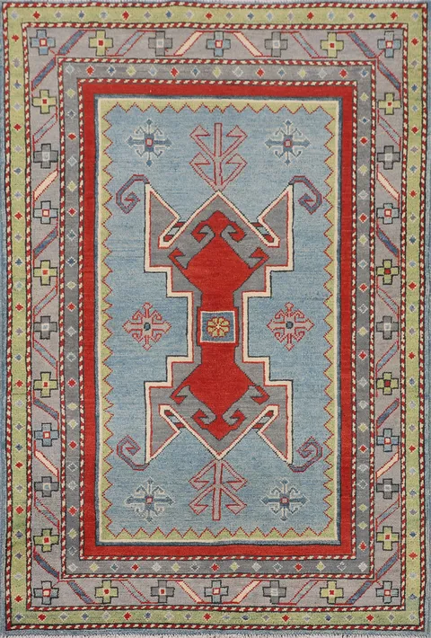 Light Blue Geometric Kazak Accent Rug 4x5